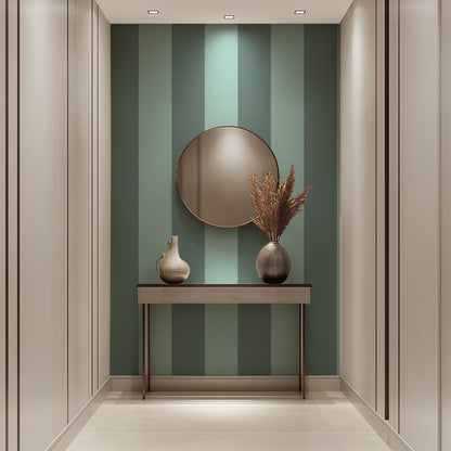 Sage Grey & Sea Mint – Extra-Wide Stripe Wallpaper styled in a hallway and home office