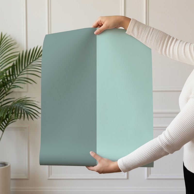 Extra-Wide Stripe Wallpaper roll in Sage Grey & Sea Mint – statement, extra-wide stripes on a sea mint ground