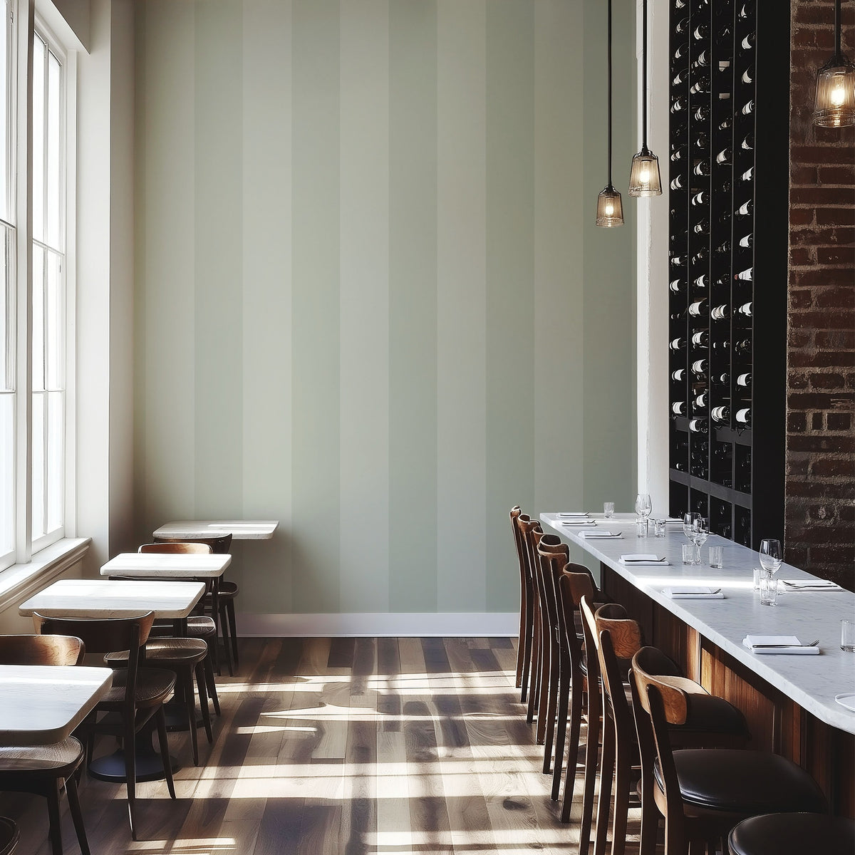 Sage Mist & Pale Eucalyptus – Extra-Wide Stripe Wallpaper styled in a boutique hotel and hospitality space