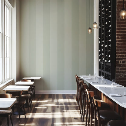 Sage Mist & Pale Eucalyptus – Extra-Wide Stripe Wallpaper styled in a boutique hotel and hospitality space