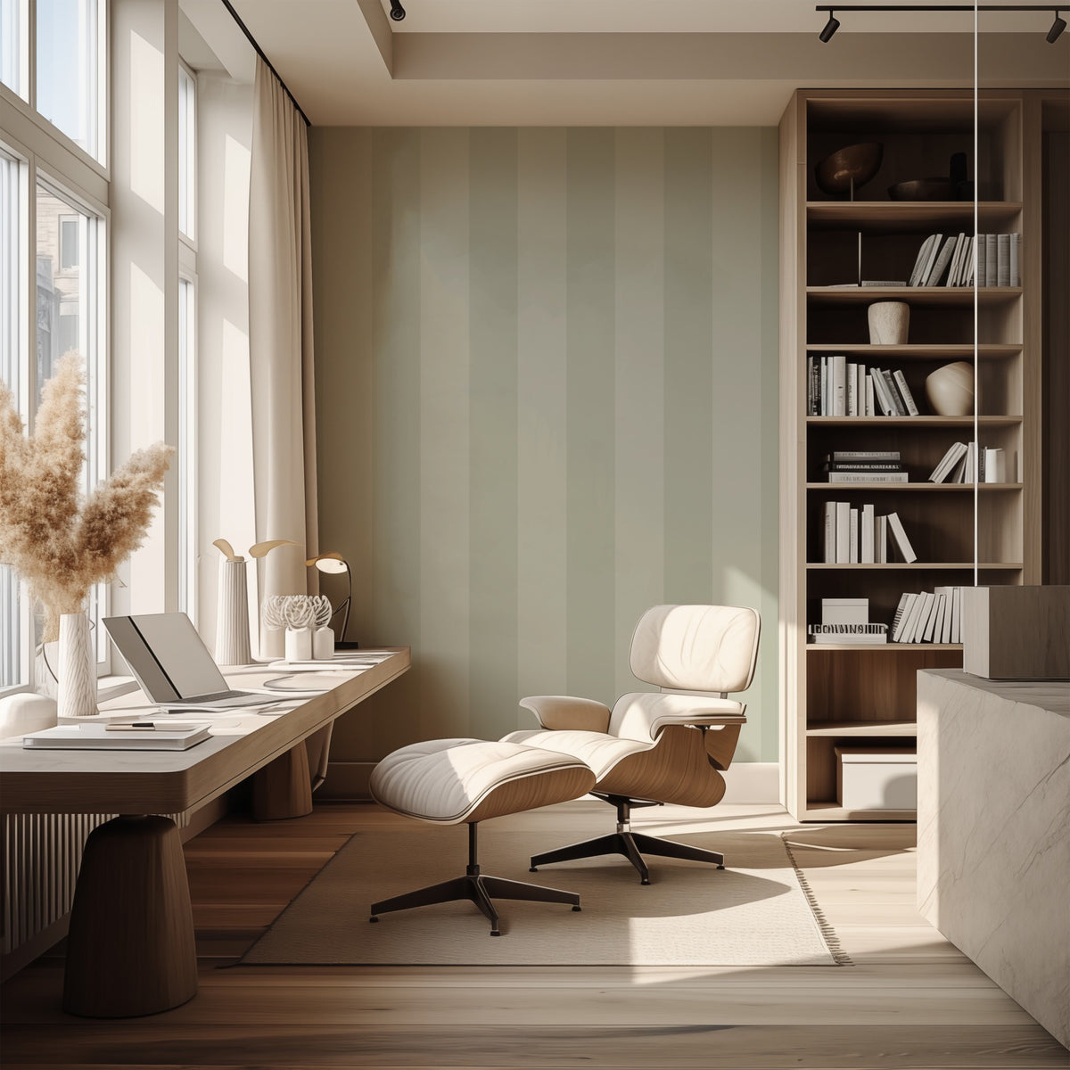 Sage Mist & Pale Eucalyptus – Extra-Wide Stripe Wallpaper styled in a hallway and home office