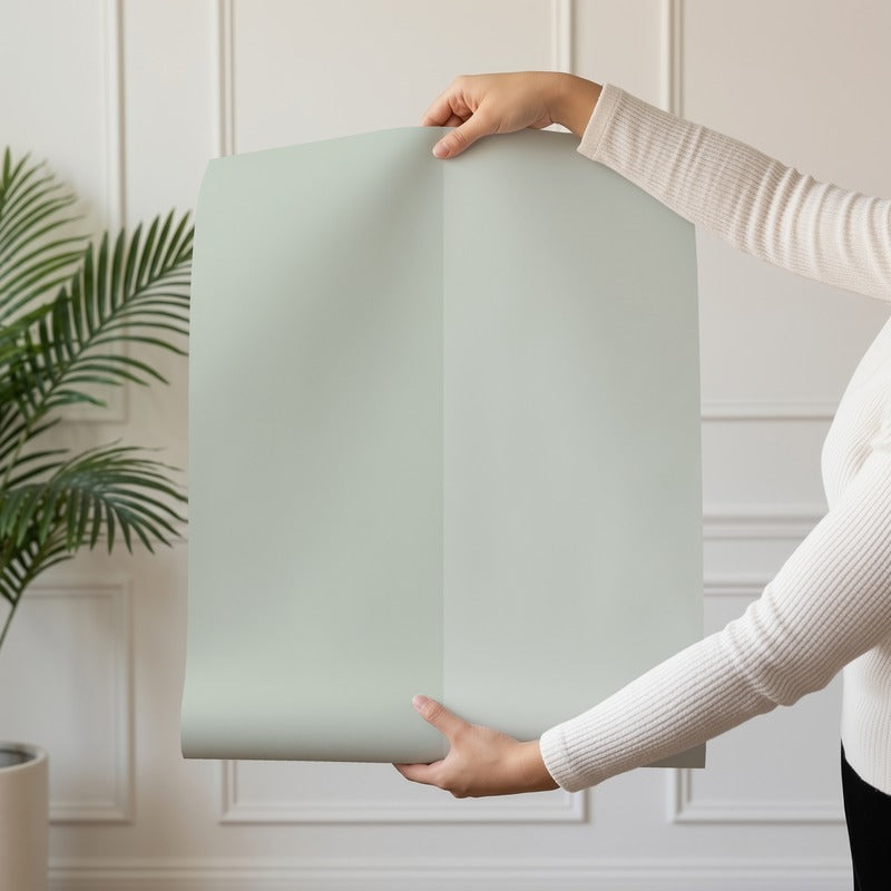 Extra-Wide Stripe Wallpaper roll in Sage Mist & Pale Eucalyptus – statement, extra-wide stripes on a pale eucalyptus ground