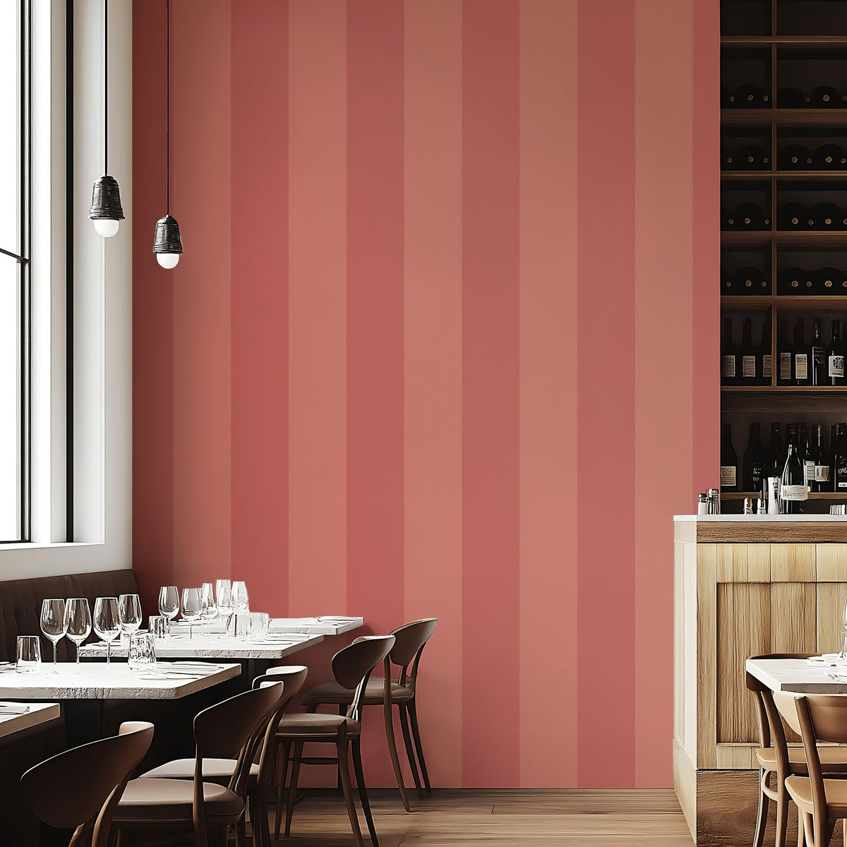 Terracotta & Baked Clay – Extra-Wide Stripe Wallpaper styled in a boutique hotel and hospitality space