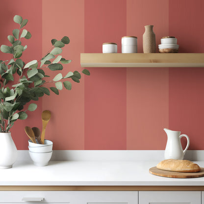 Terracotta & Baked Clay – Extra-Wide Stripe Wallpaper styled in a kitchen and dining room