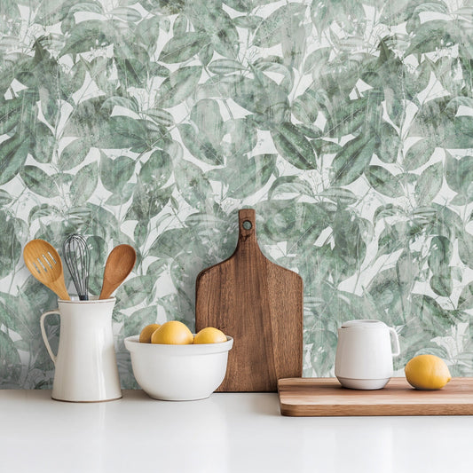 Faded Leaves subtle botanical leaf wallpaper in muted tones in a dining room