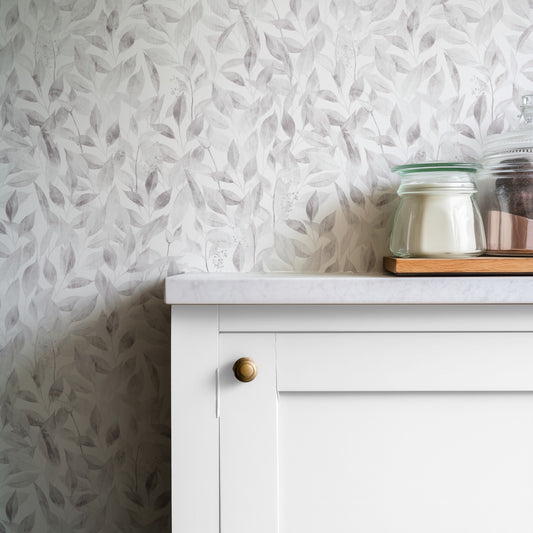 Foggy Foliage misty forest wallpaper in soft grey-green tones in a dining room