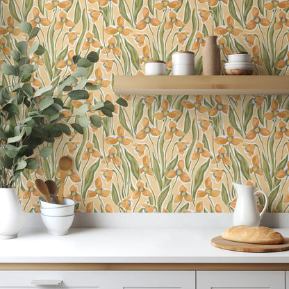Glow Botanica 06 apricot and sage botanical wallpaper in a bright kitchen with white cabinetry