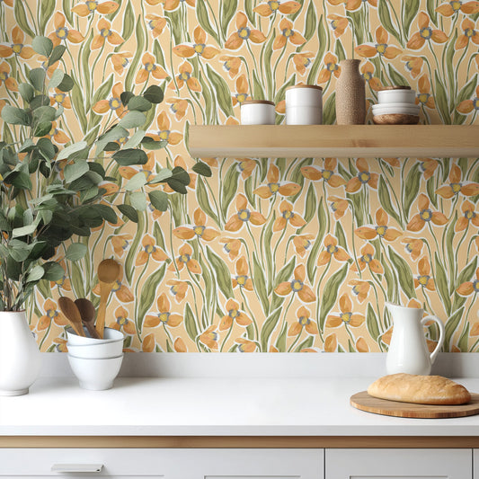 Glow Botanica 06 apricot and sage botanical wallpaper in a bright kitchen with white cabinetry