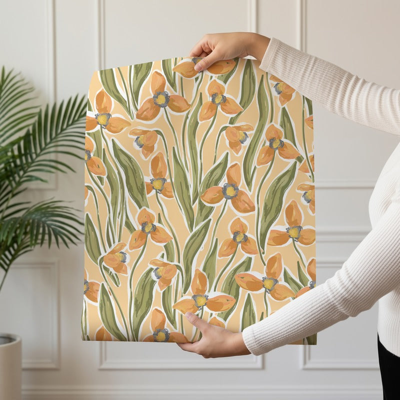 Glow Botanica 06 wallpaper roll drop showing the apricot and sage botanical repeat