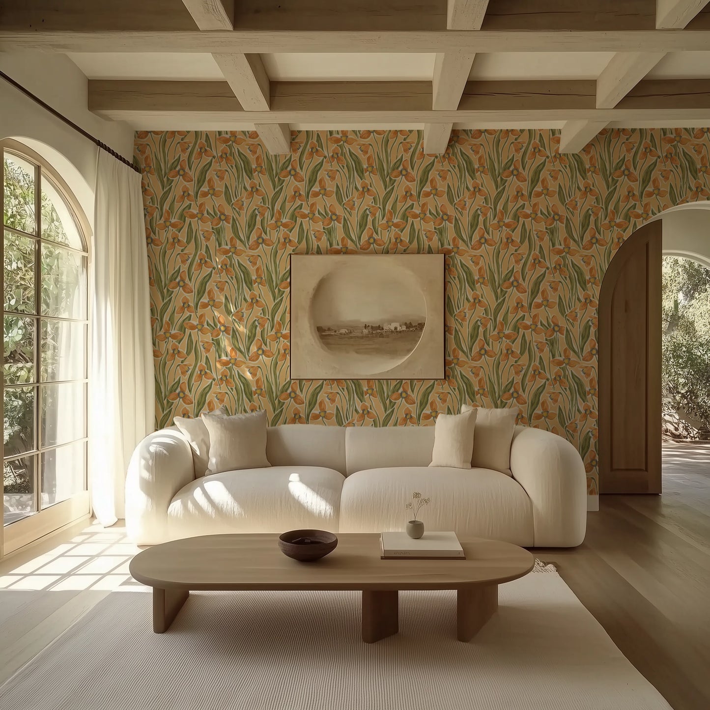 Glow Botanica 06 botanical wallpaper in a light-filled living room with neutral furnishings