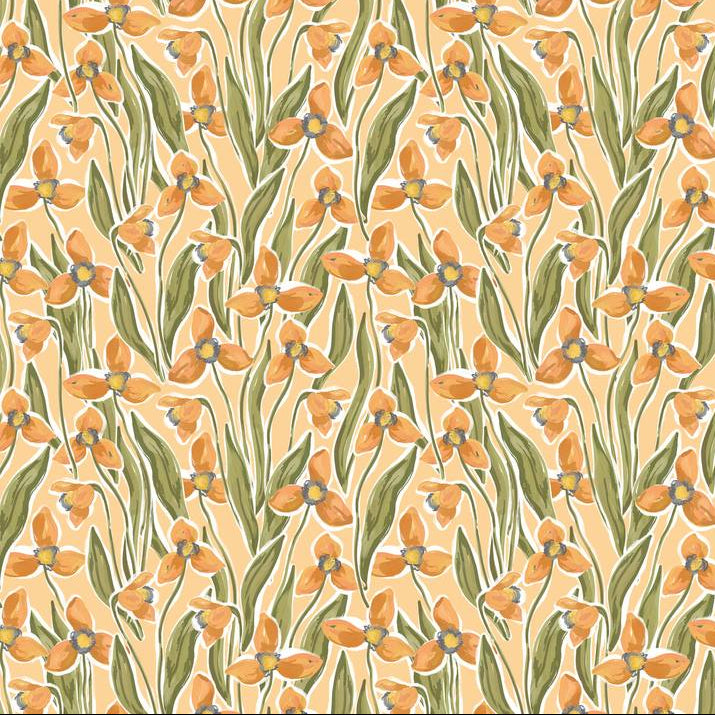 Glow Botanica 06 wallpaper design — hand-painted apricot blooms and sage green foliage on a warm cream ground