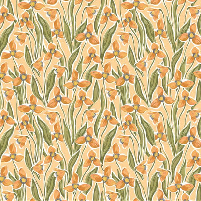 Glow Botanica 06 wallpaper design — hand-painted apricot blooms and sage green foliage on a warm cream ground
