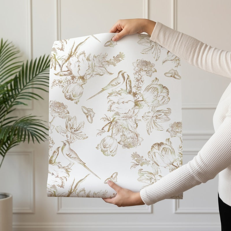Golden Aviary wallpaper roll drop showing the engraved gold bird and peony repeat