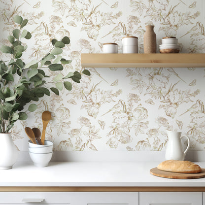 Golden Aviary gold toile wallpaper in a bright kitchen with white cabinetry