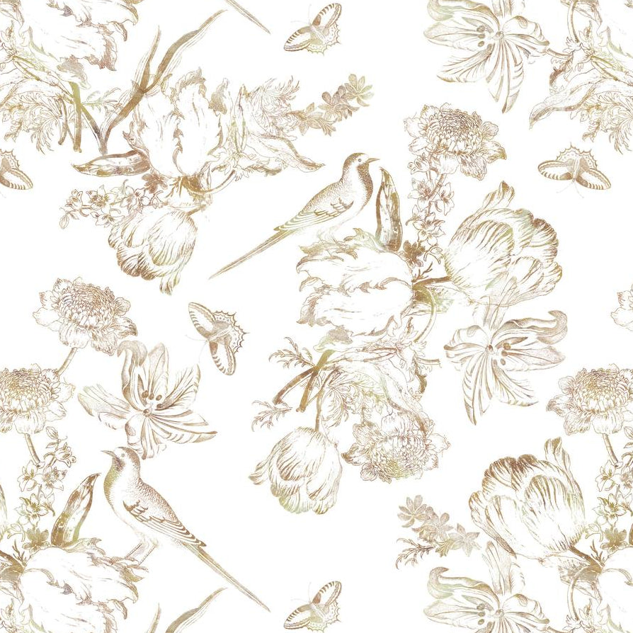 Golden Aviary wallpaper design — engraved-style birds, butterflies and peonies in antique gold on white