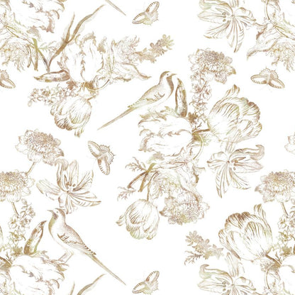 Golden Aviary wallpaper design — engraved-style birds, butterflies and peonies in antique gold on white