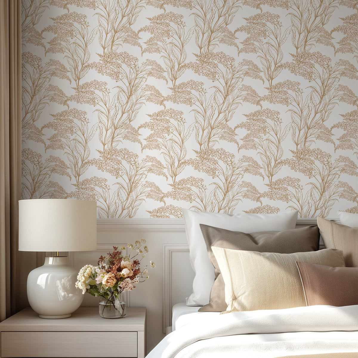 Golden Blossom Flowers neutral gold-toned floral wallpaper in a bedroom