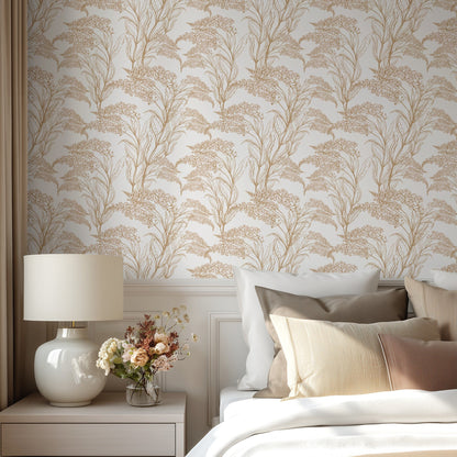 Golden Blossom Flowers neutral gold-toned floral wallpaper in a bedroom