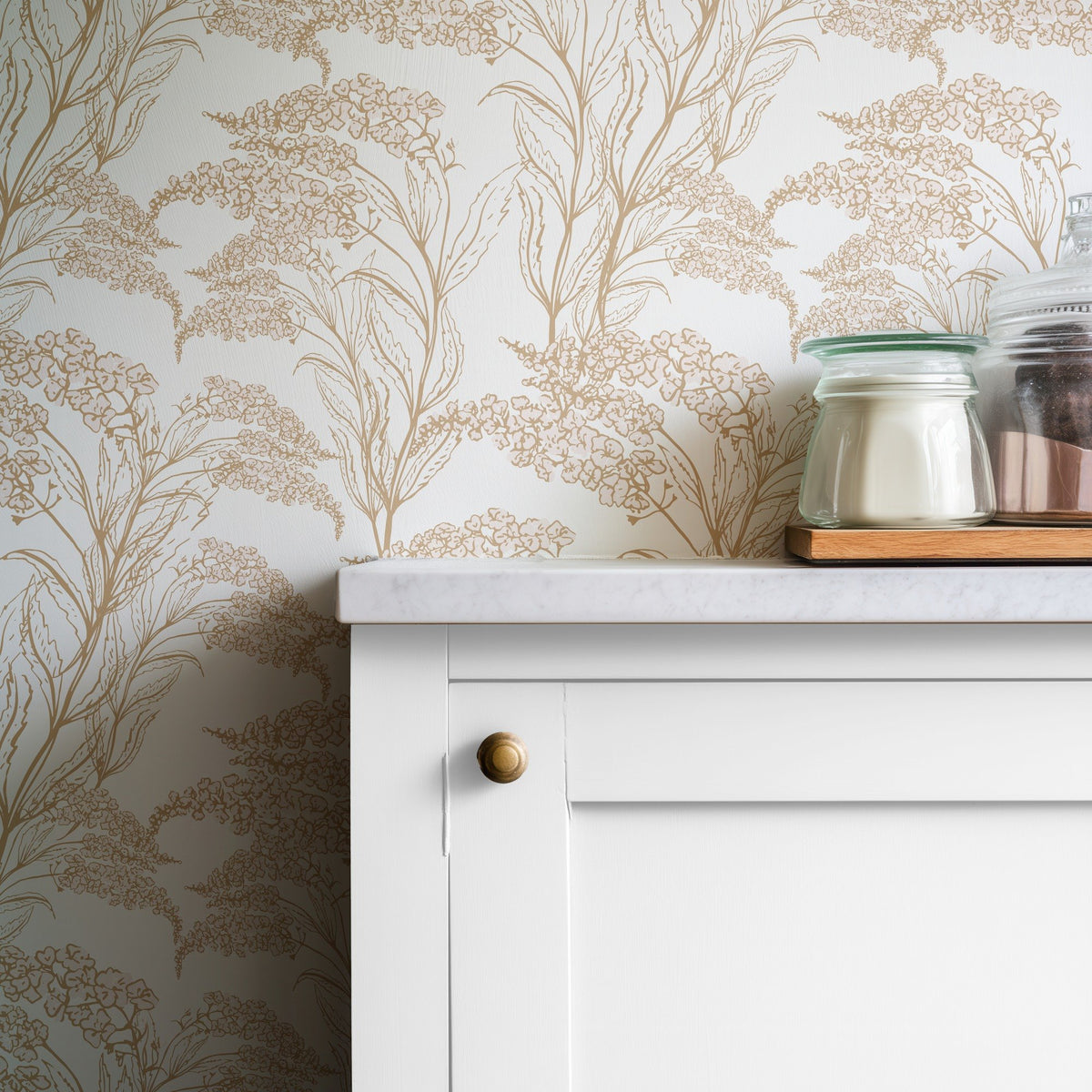 Golden Blossom Flowers neutral gold-toned floral wallpaper in a dining room
