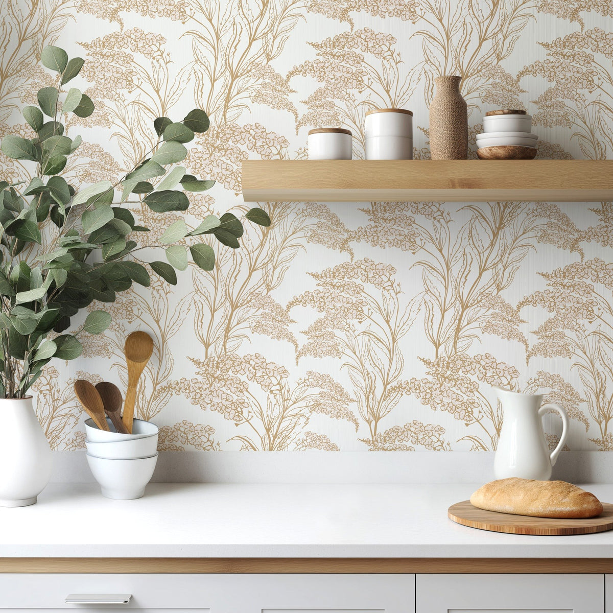 Golden Blossom Flowers neutral gold-toned floral wallpaper in a dining room