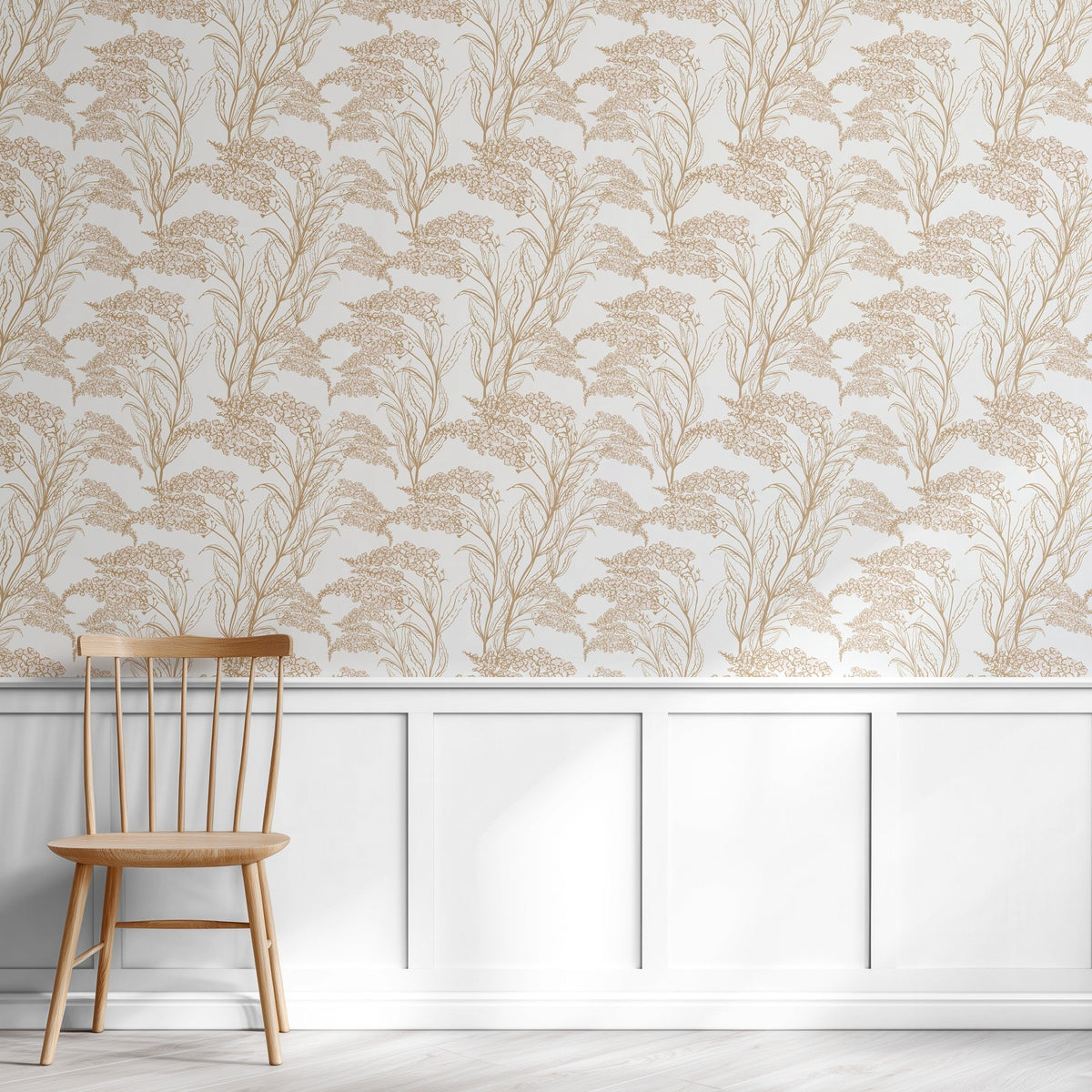 Golden Blossom Flowers neutral gold-toned floral wallpaper in a home office