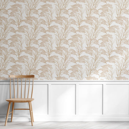Golden Blossom Flowers neutral gold-toned floral wallpaper in a home office