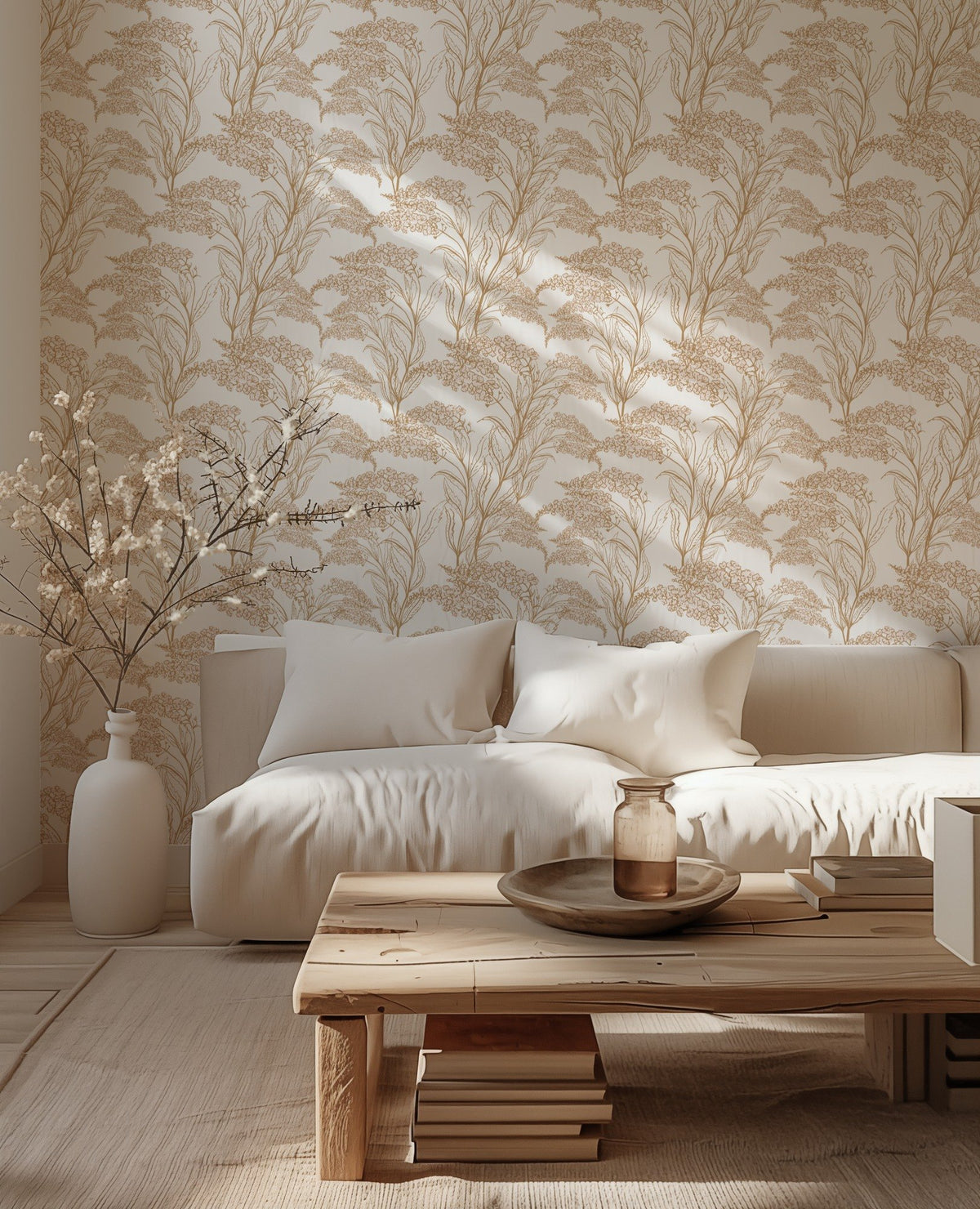 Golden Blossom Flowers neutral gold-toned floral wallpaper in a living room