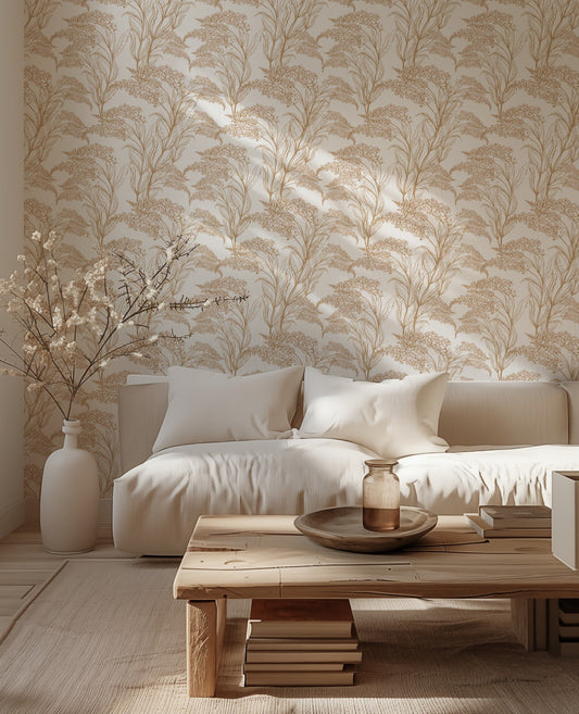 Golden Blossom Flowers neutral gold-toned floral wallpaper in a living room