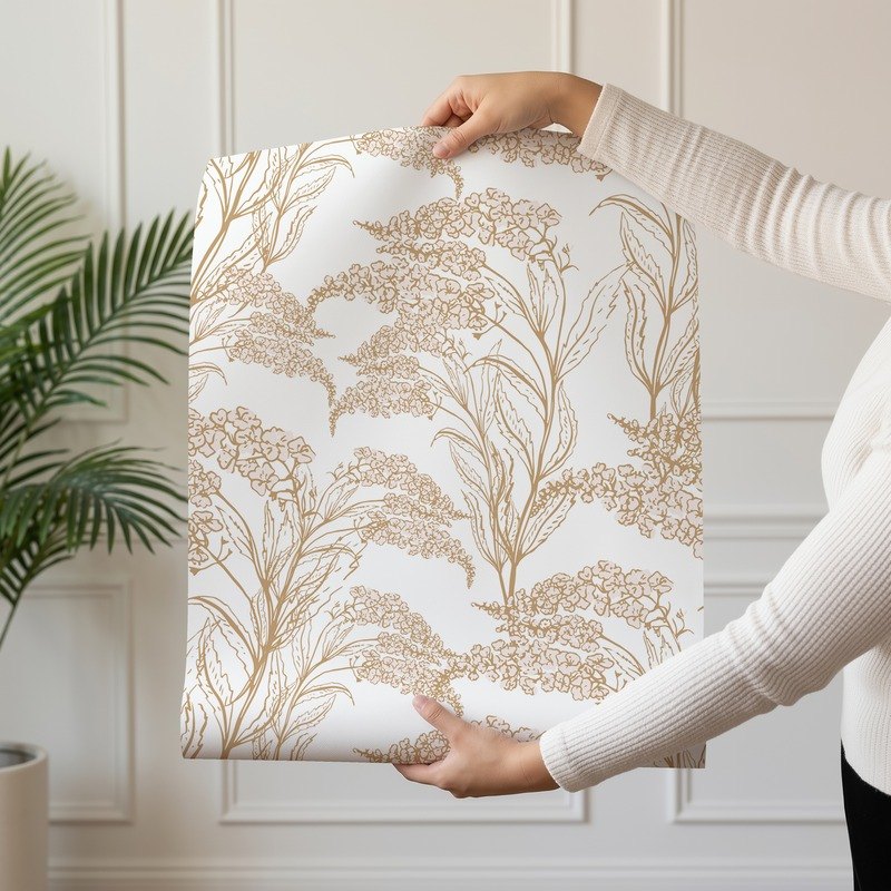Golden Blossom Flowers neutral gold-toned floral wallpaper shown on a single wallpaper drop