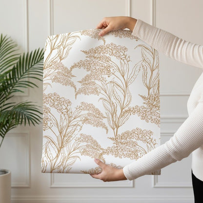Golden Blossom Flowers neutral gold-toned floral wallpaper shown on a single wallpaper drop