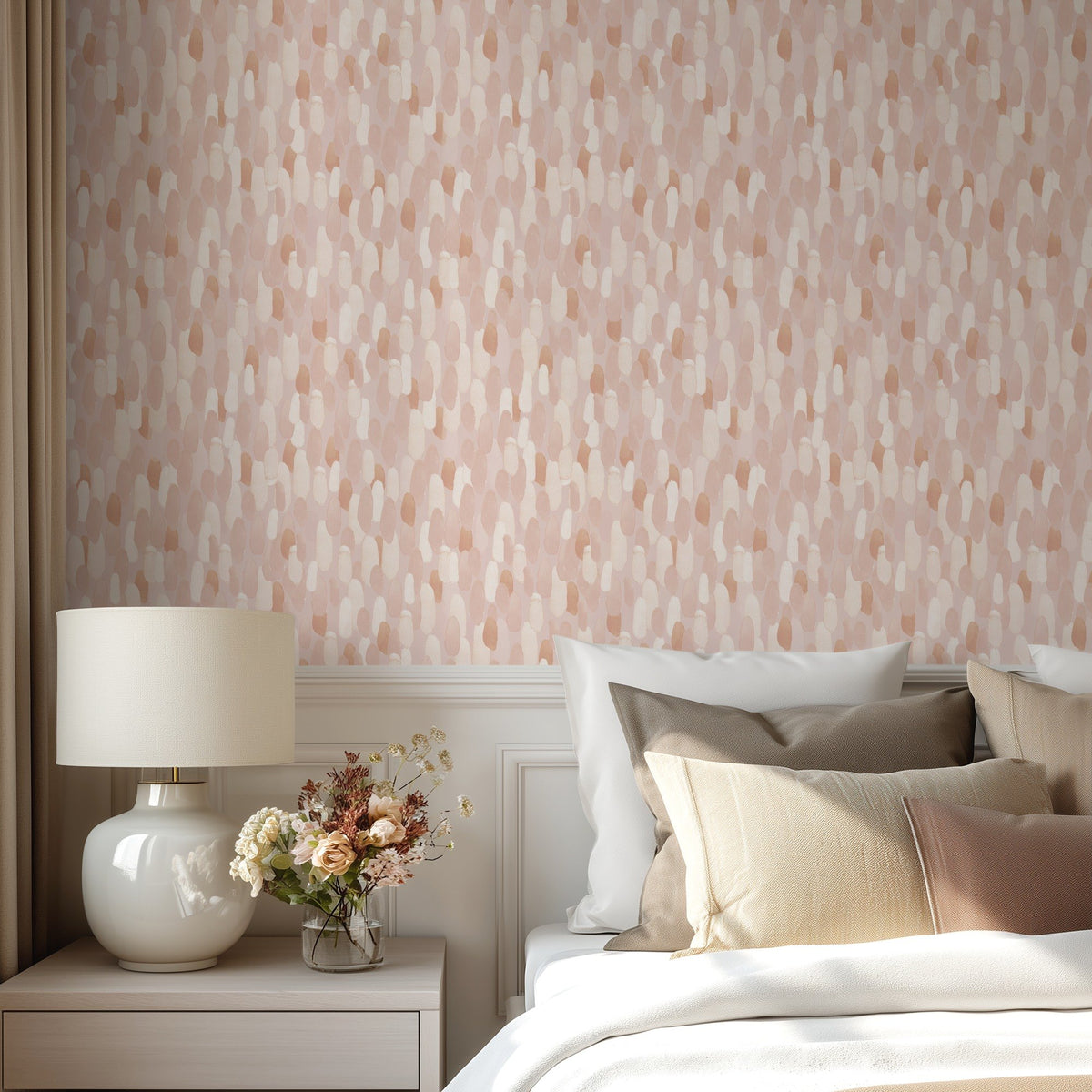 Golden Brushes abstract gold brushstroke wallpaper in a bedroom