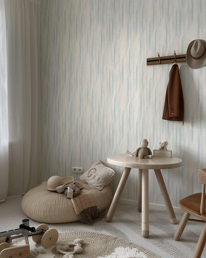 Graphite Lines soft blue-grey pinstripe wallpaper in a child's bedroom