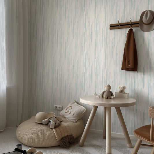 Graphite Lines soft blue-grey pinstripe wallpaper in a child's bedroom
