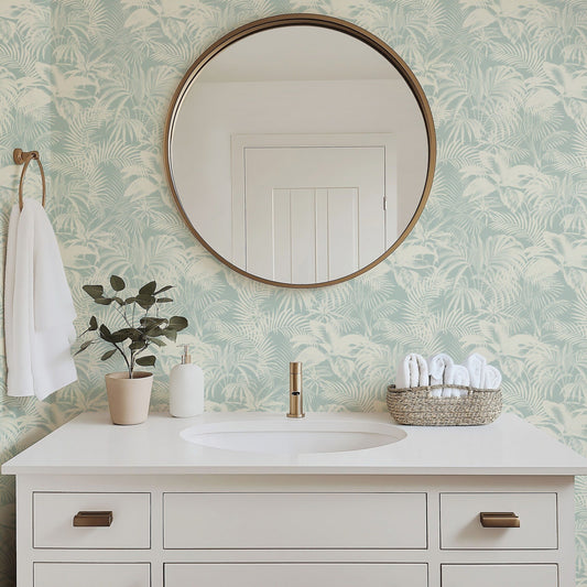 Gray Palm Trees Backdrop tropical palm silhouette wallpaper in grey in a bathroom