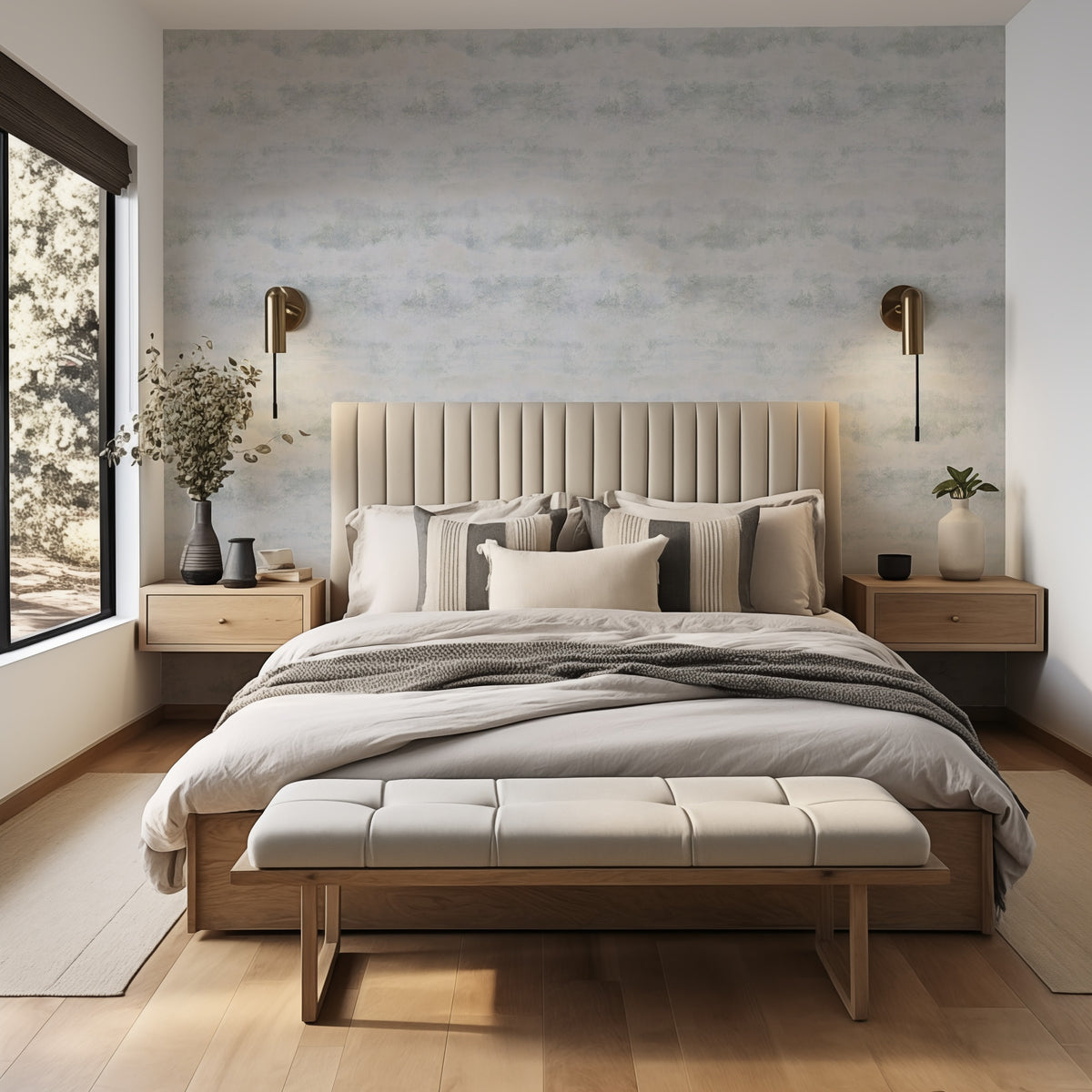 Gray Texture soft weathered concrete-effect wallpaper in pale cool grey in a calm neutral bedroom