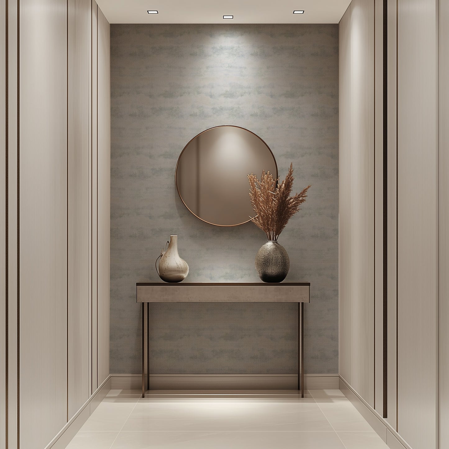 Gray Texture soft weathered concrete-effect wallpaper in pale cool grey in an entrance hall