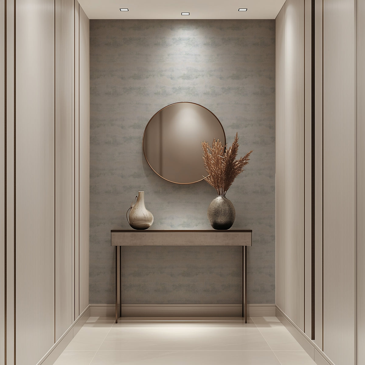 Gray Texture soft weathered concrete-effect wallpaper in pale cool grey in an entrance hall
