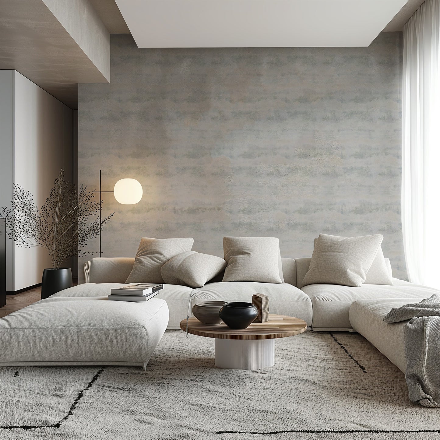 Gray Texture soft weathered concrete-effect wallpaper in pale cool grey in a sunlit living room