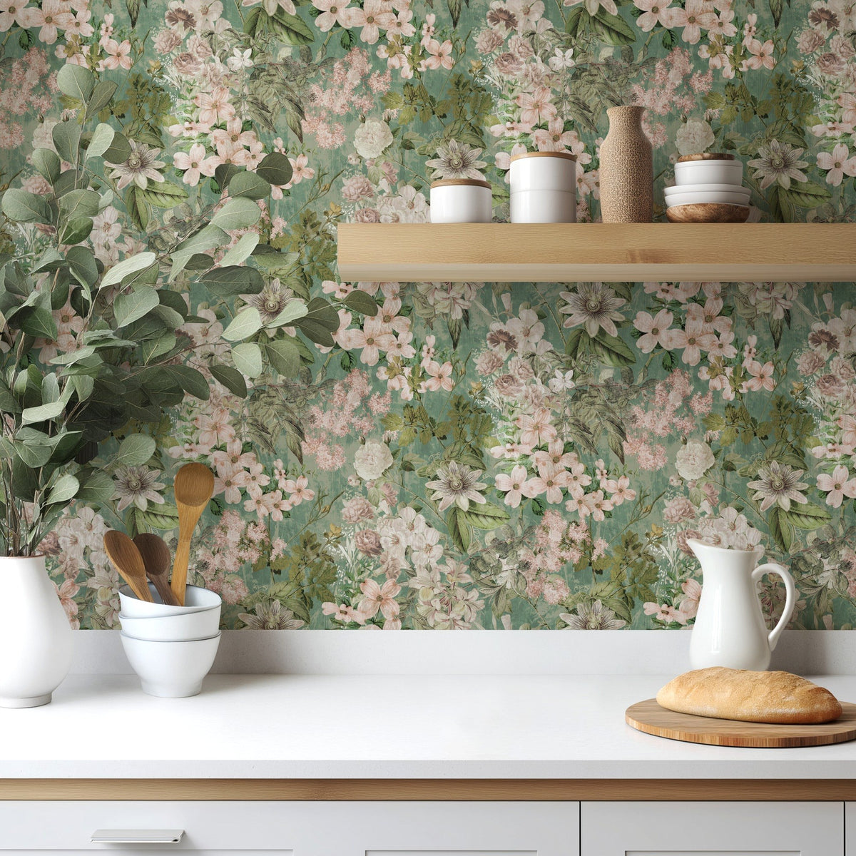 Green Foliage lush botanical leaf wallpaper in rich green in a dining room