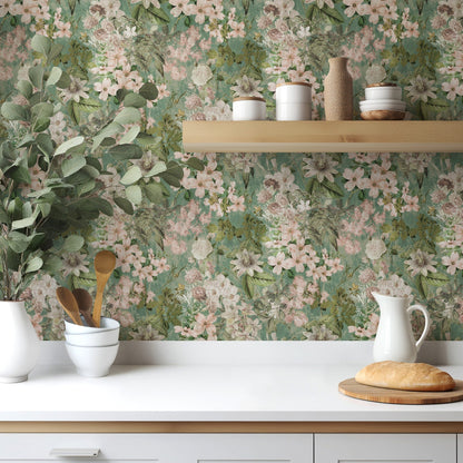 Green Foliage lush botanical leaf wallpaper in rich green in a dining room