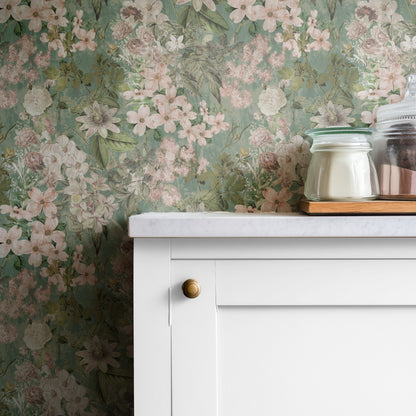 Green Foliage lush botanical leaf wallpaper in rich green in a dining room