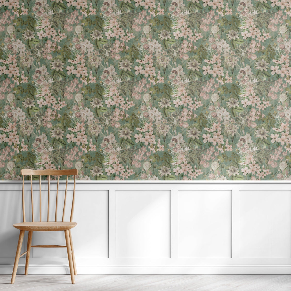 Green Foliage lush botanical leaf wallpaper in rich green in a home office