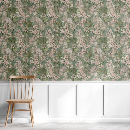 Green Foliage lush botanical leaf wallpaper in rich green in a home office