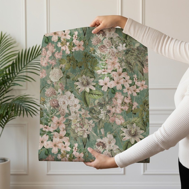 Green Foliage lush botanical leaf wallpaper in rich green shown on a single wallpaper drop
