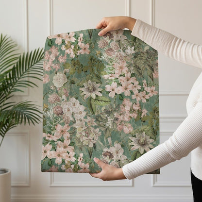 Green Foliage lush botanical leaf wallpaper in rich green shown on a single wallpaper drop