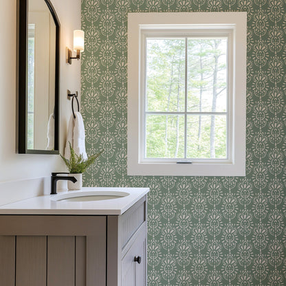 Green Rhapsody exotic botanical tropical wallpaper in deep green in a bathroom