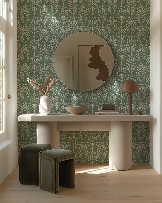 Green Rhapsody exotic botanical tropical wallpaper in deep green in a home office