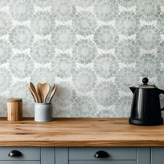Grey Ornament vintage damask wallpaper in soft grey in a dining room