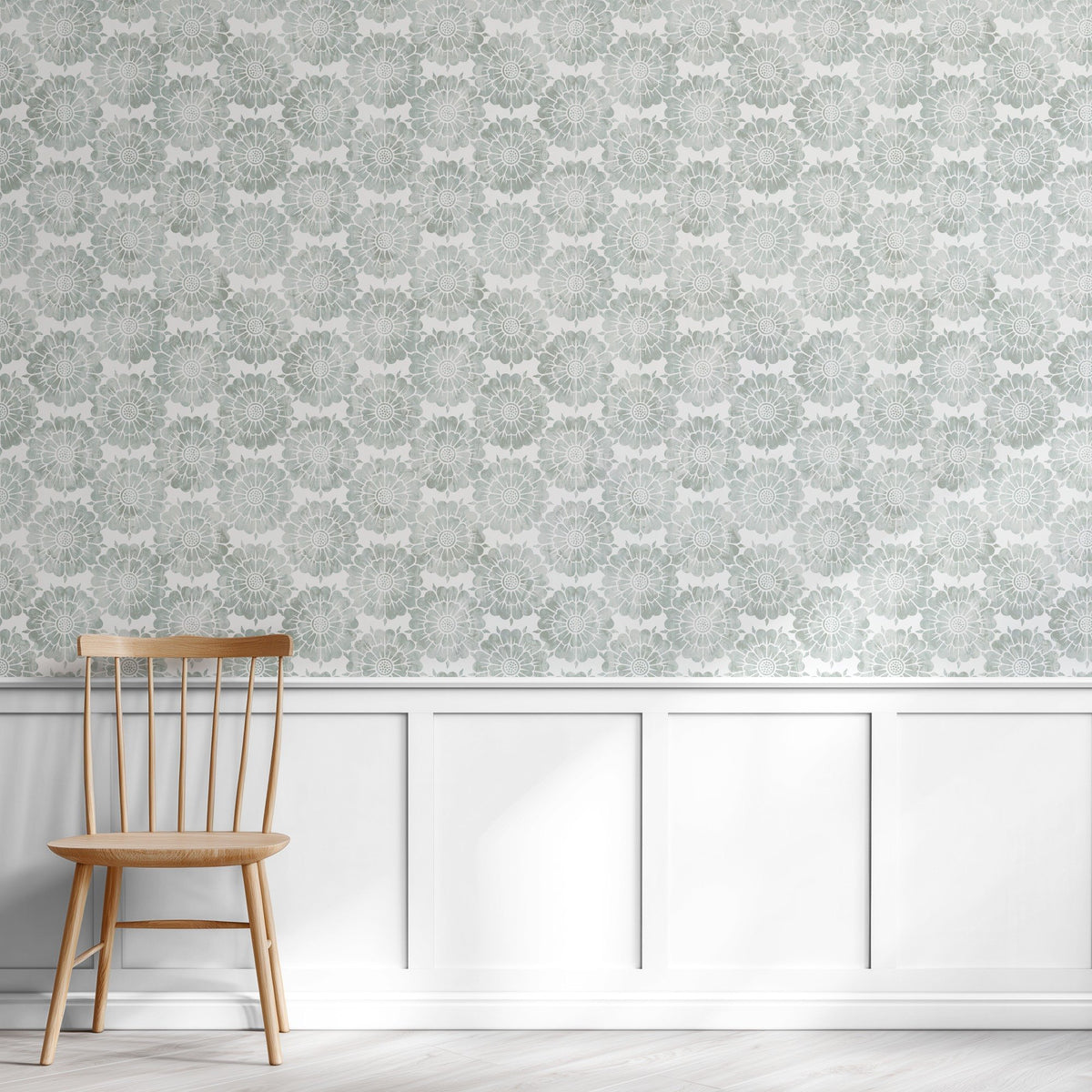 Grey Ornament vintage damask wallpaper in soft grey in a home office