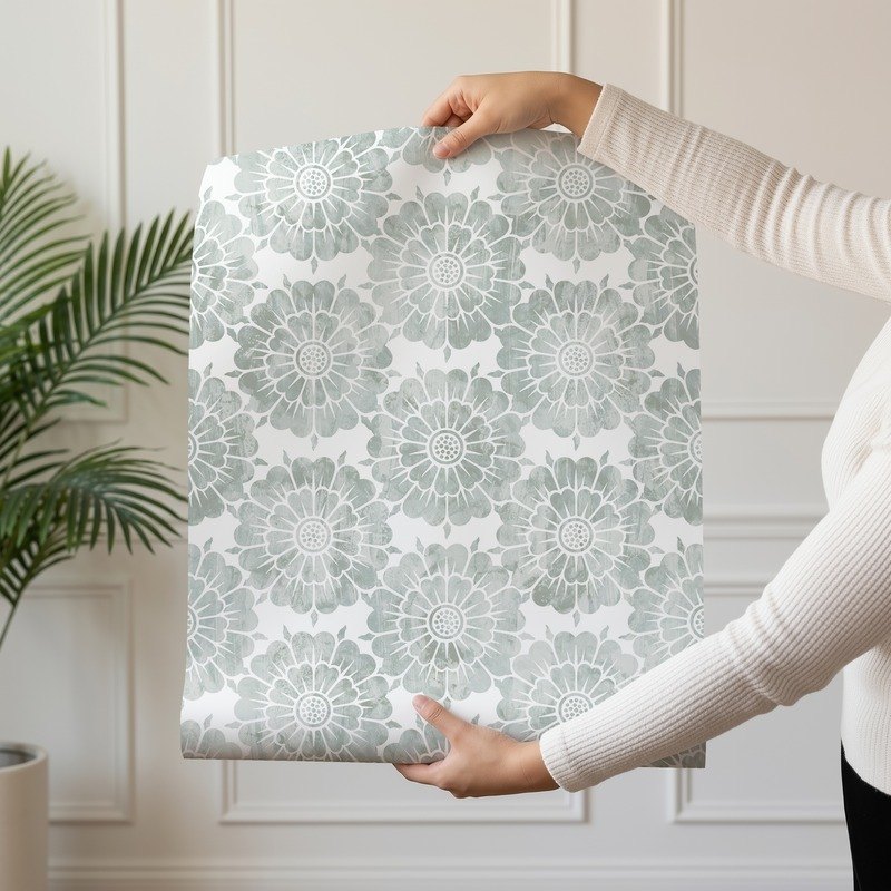 Grey Ornament vintage damask wallpaper in soft grey shown on a single wallpaper drop